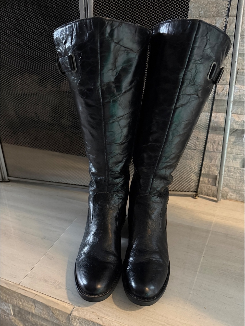Born Black Leather Knee High Riding Boots Size 8.5M Buckle Zip